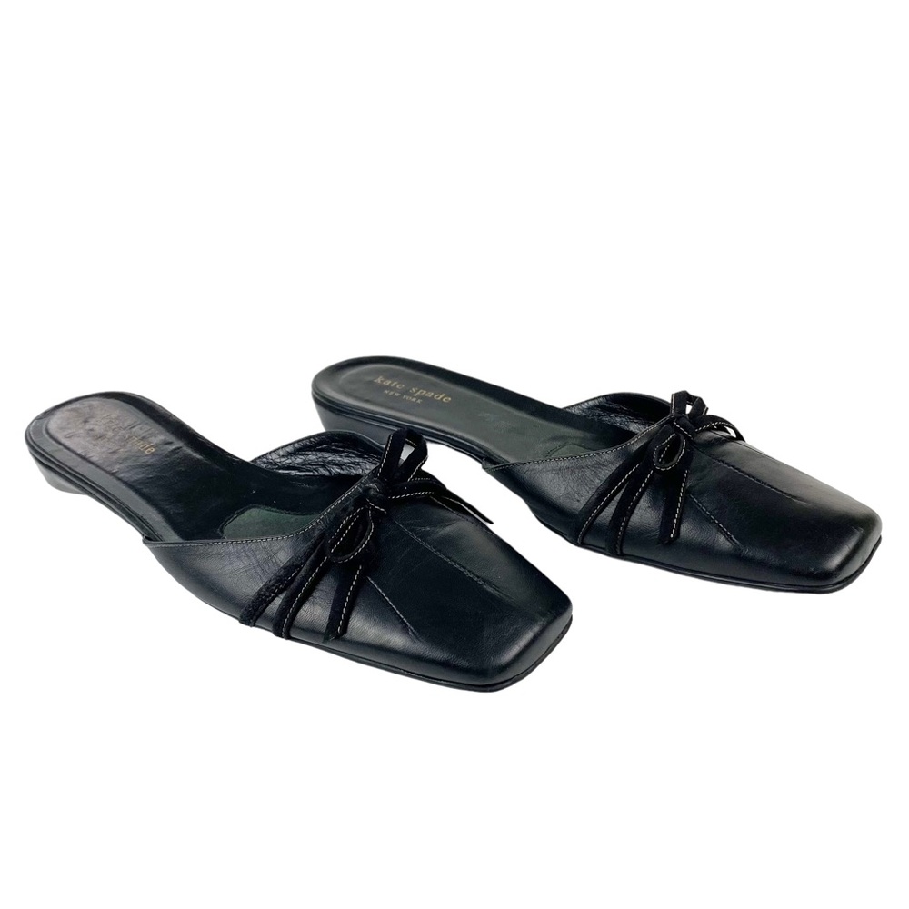 Kate Spade Black Leather Slip On Flat 9.5 Bow Mule Square Toe